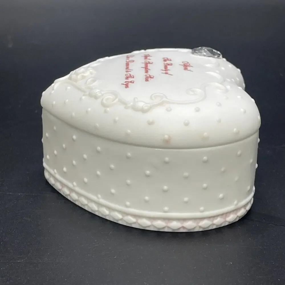 Vtg April's Springtime Skies Porcelain White Heart-Shaped Trinket Box Embossed